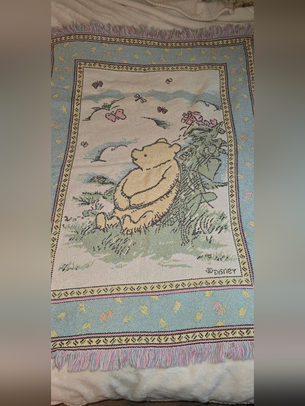 Vintage 90s Winnie the Pooh Disney Woven Tapestry Nursery Throw Blanket Pastel